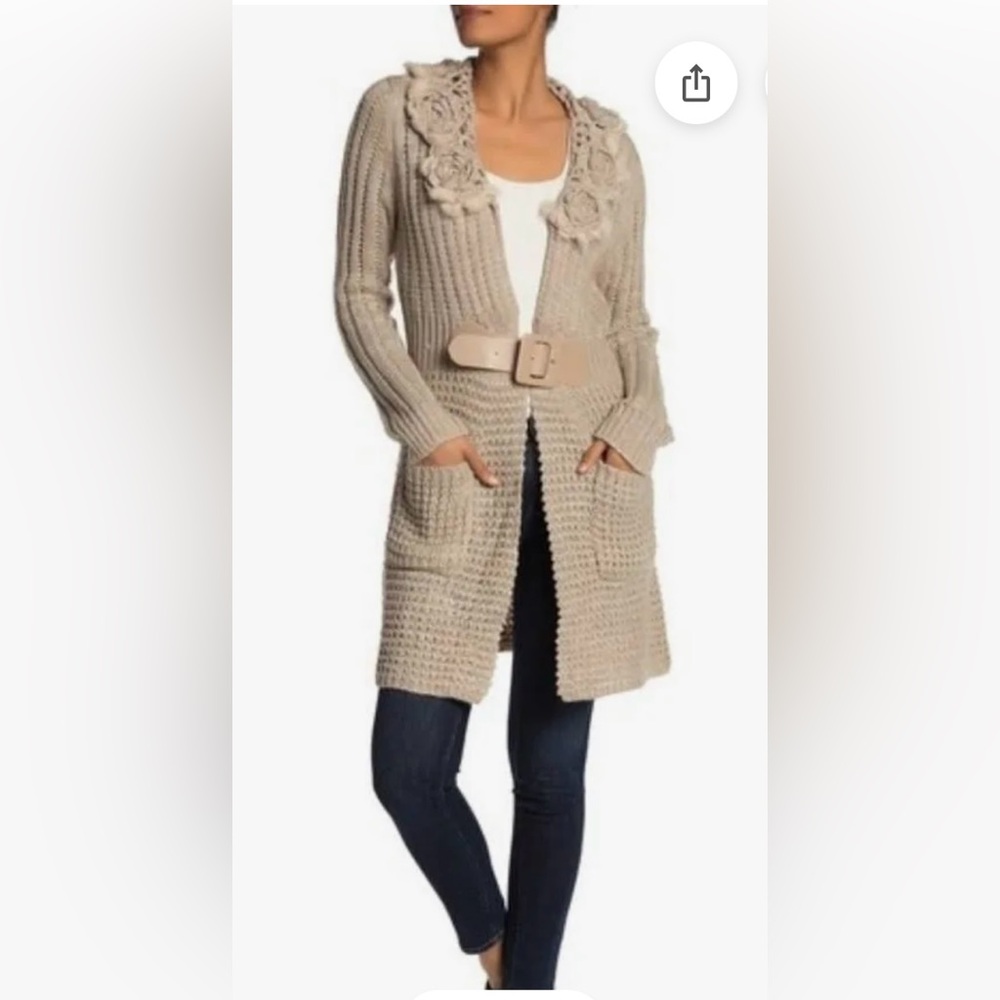Simply Couture brown long Knit Cardigan with attached Belt and snaps sz XL